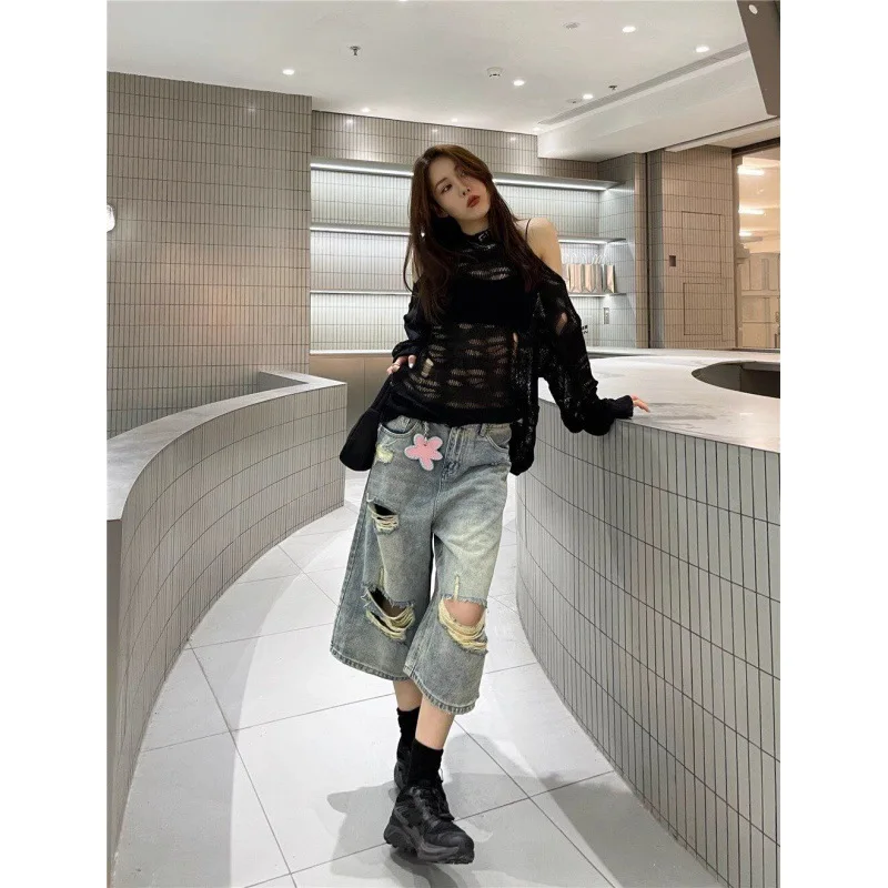 미국 스트릿 바이브 하이웨이스트 찢어진 와이드 레그 청바지 여성용 루즈핏 캐주얼 레트로 워싱 스트레이트 크롭 팬츠