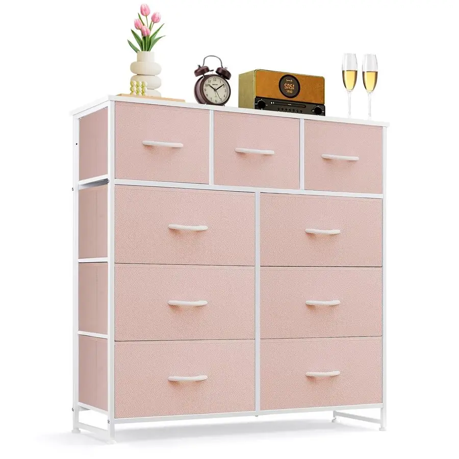 

9Drawer Dresser for Bedroom, AntiTip Tall Storage Organizer Chest of Drawers with Wooden Top and Metal Frame Fabric Bins for Cl
