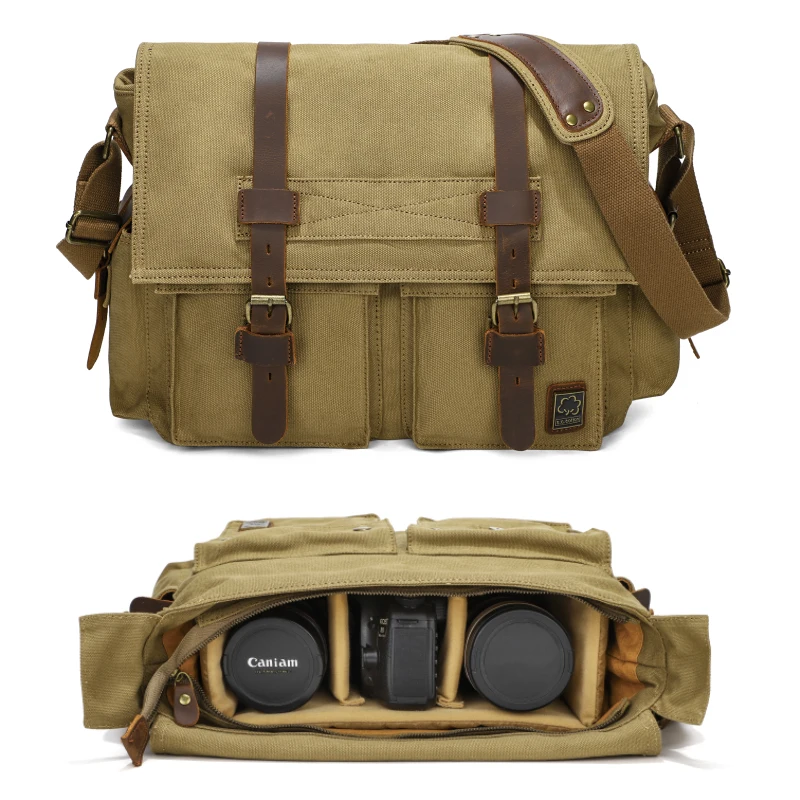 

Men Messenger Bag DSLR Camera Shoulder Bag Retro Canvas Crossbody Bag with Removable Camera Insert Organizer