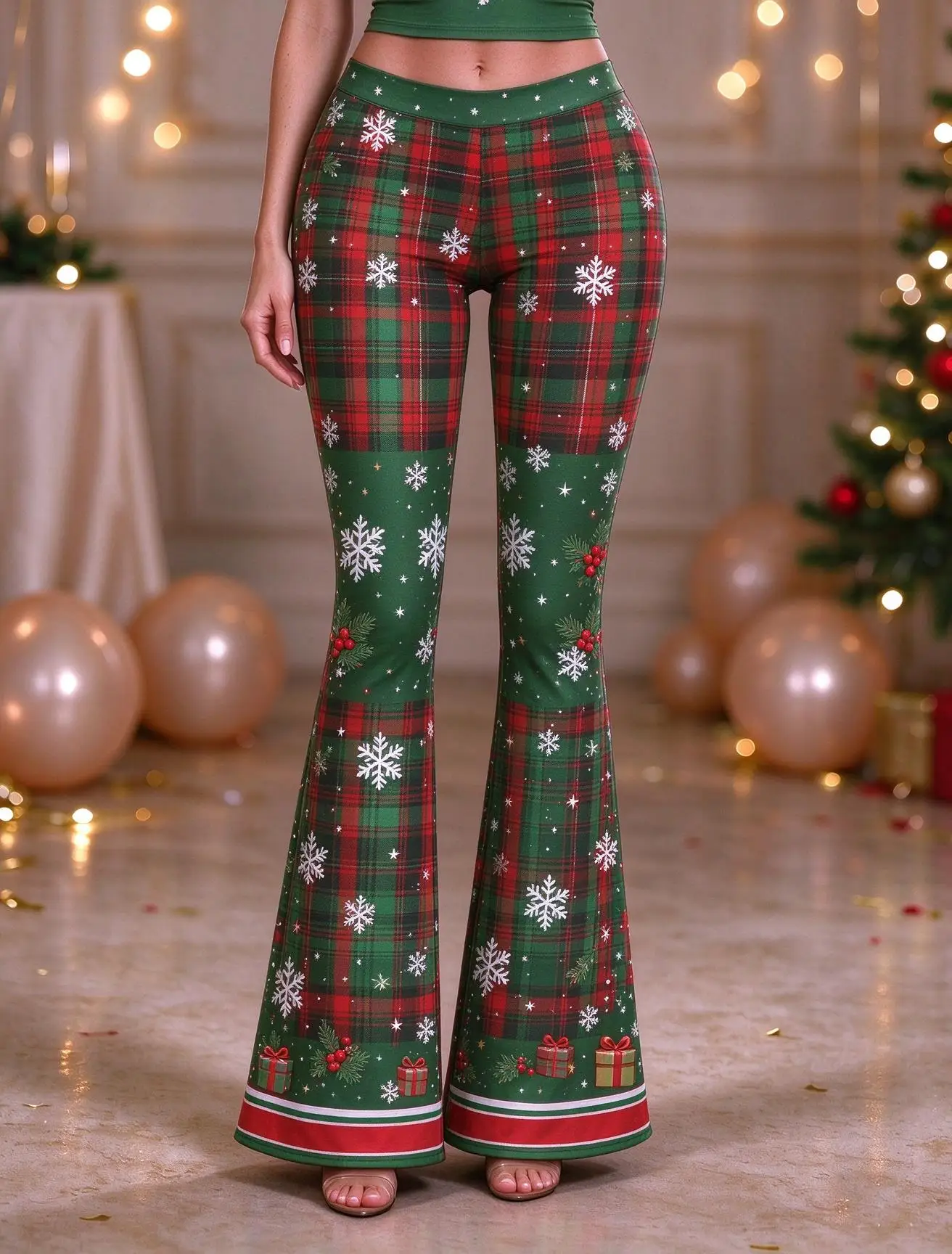 Women Mid-Rise Slim Flared Pants Christmas Snow House Deer Print Stretch Bell Bottoms Ladies Holiday Party Trousers