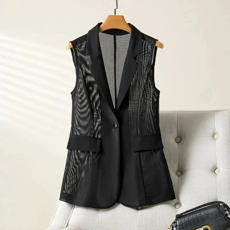 Women's Blazer Vest Coat 2024 Mesh Yarn Thin Section Elegant Ladies Vest Temperament Versatile Fashion Lady Suit Waistcoat