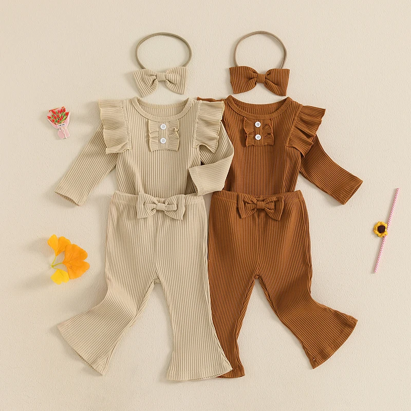 Infant Baby Girls Fall 3 Piece Outfits Solid Color Long Sleeves Romper and Flared Pants with Headband Ribbed Set Newborn Clothes