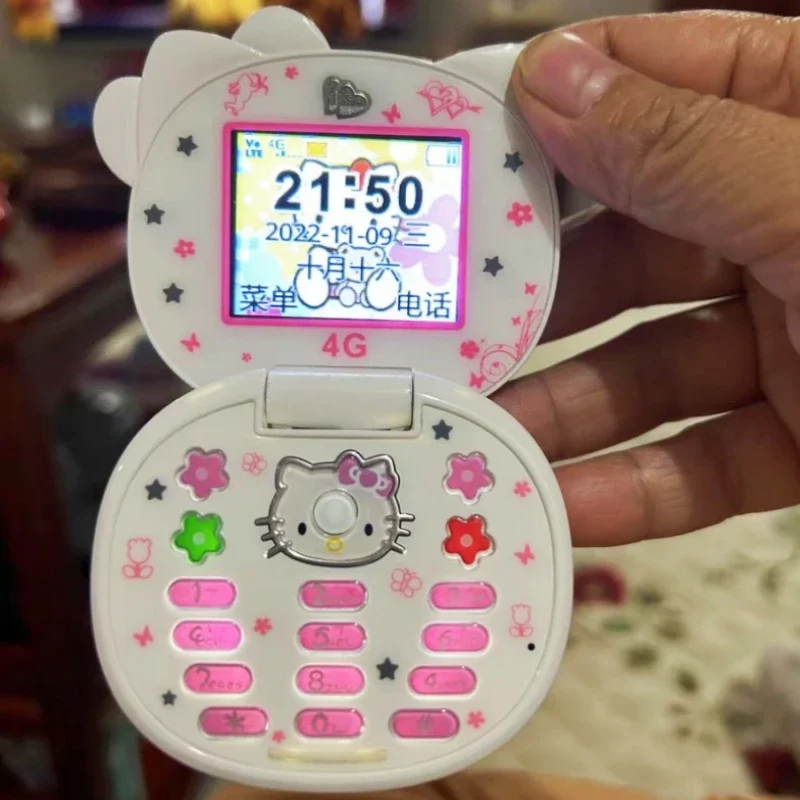 Sanurgente-Mini téléphone portable à rabat Hello Kitty, rose, blanc, mignon, dessin animé, original, Kawaii, mode, jouet, anniversaire, cadeaux de Noël, 2024