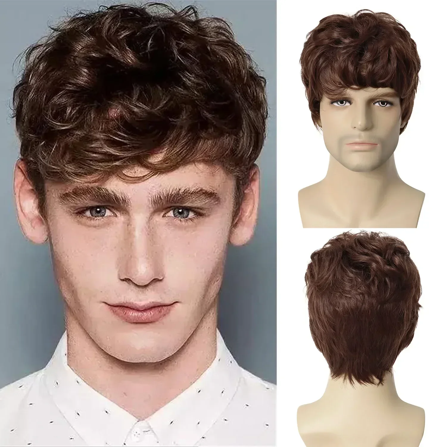 Synthetic Hair Short Mens Wig Brown Curly Haircuts Korean Style Wigs for Boys or Daddy Natural Wig Pelucas Para Hombres