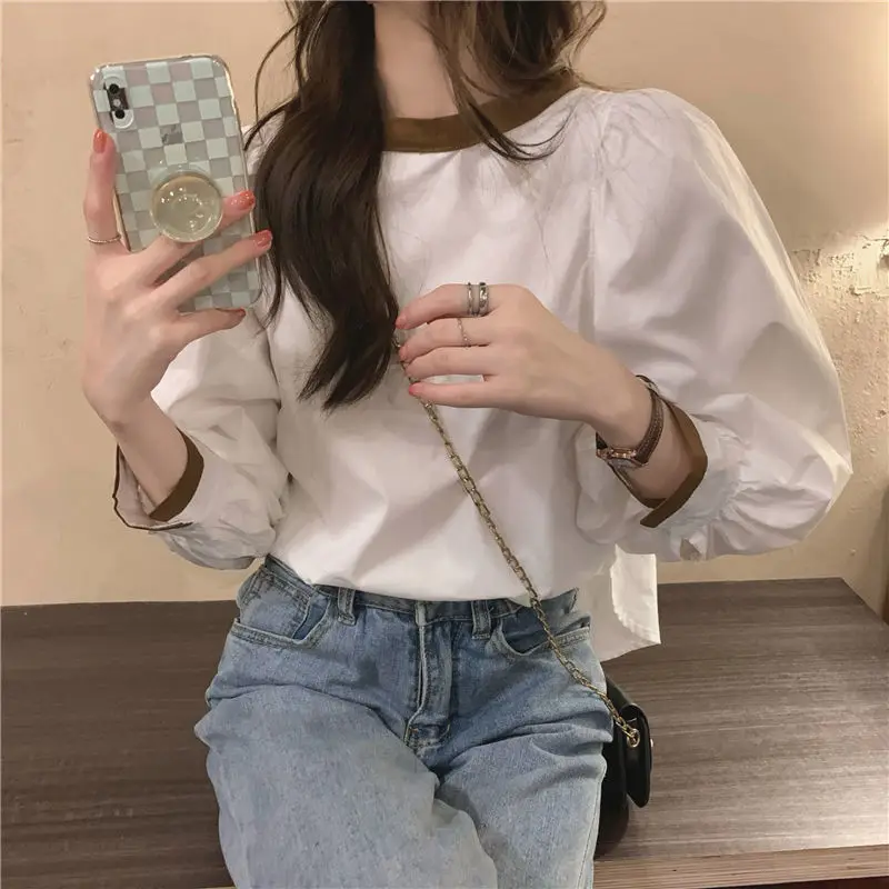 Temperament Lacing Loose Blouse Spring New O Neck Long Sleeve Loose Solid Korean Youth Shirt Tops Fashion Casual Women Clothing