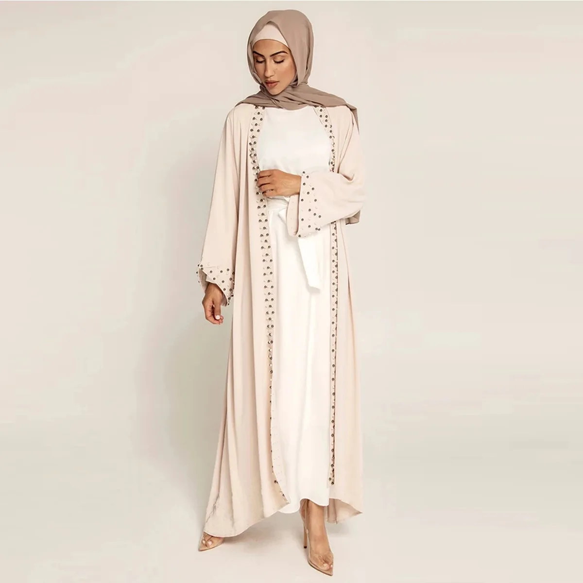 Abaya Dubai Muslim Women's Fashion Cardigan Dress Arab Net Color Studded Moo Chiffon Elegant Temperament Cardigan Robe