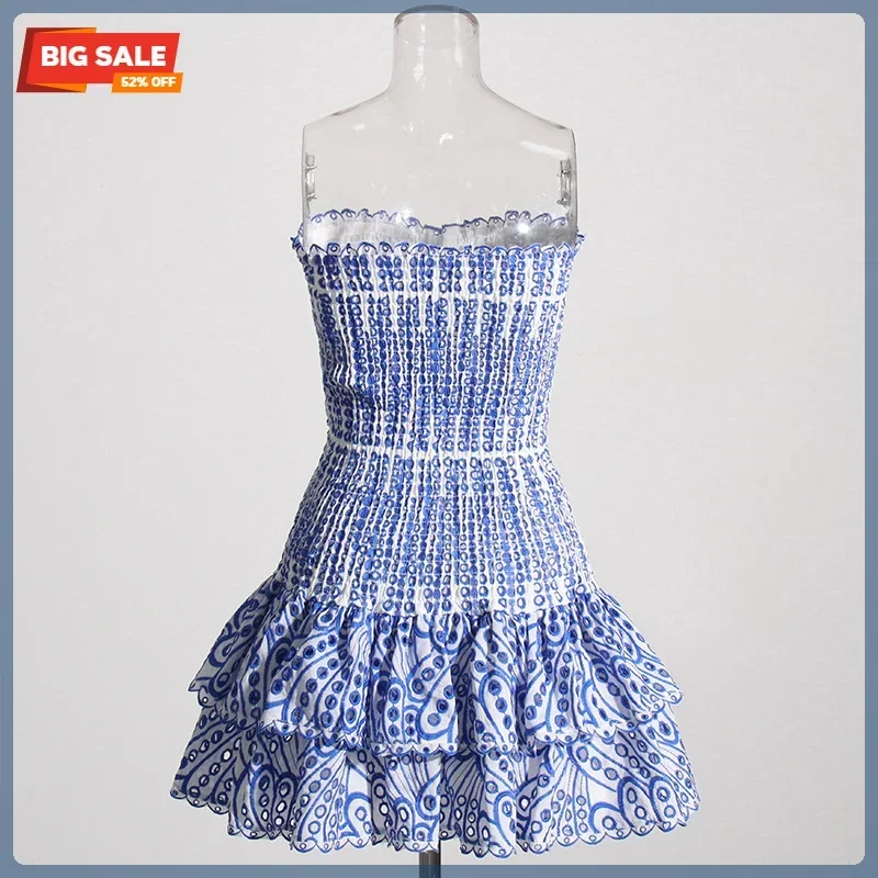 เดรสเซ็กซี่ทรงเข้ารูปสำหรับผู้หญิง ตัดเย็บแบบหลายชั้น ชายระบาย จับจีบ สายเดี่ยว ไร้แขน เปิดไหล่ เอวสูง ทรงมินิเดรส เสื้อผ้าผู้หญิง