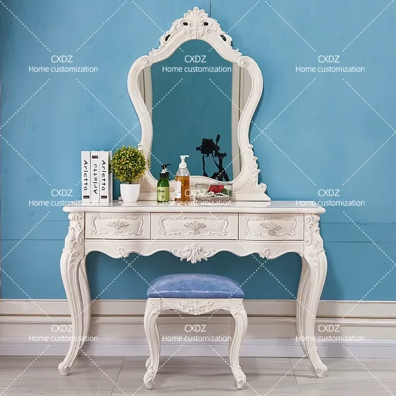 European Style Retro Solid Wood Dressing Table with Stool High End Bedroom Furniture Vanity Set Classic Design Makeup Desk