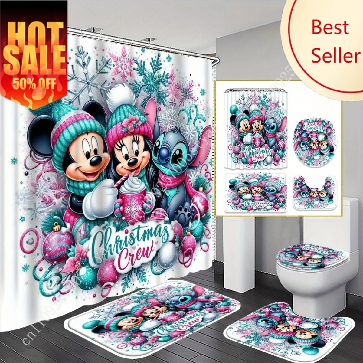 

Mickey Mouse Minnie Mouse Shower Curtain Set Disney Cartoon Decoration Gifts Shower Curtain Floor Mats Toilet Seat Cover 4pcs
