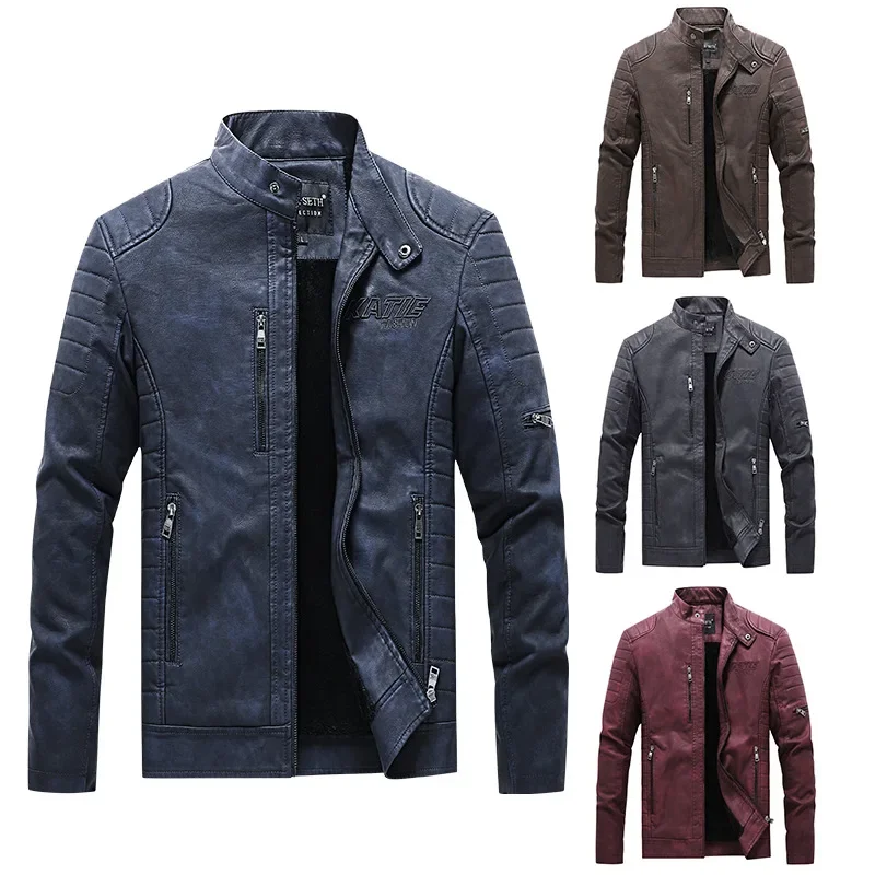 

Men's Leather Jacket New Standing Collar Pu Leather Jacket Motorcycle Suit Plus Fleece Leather