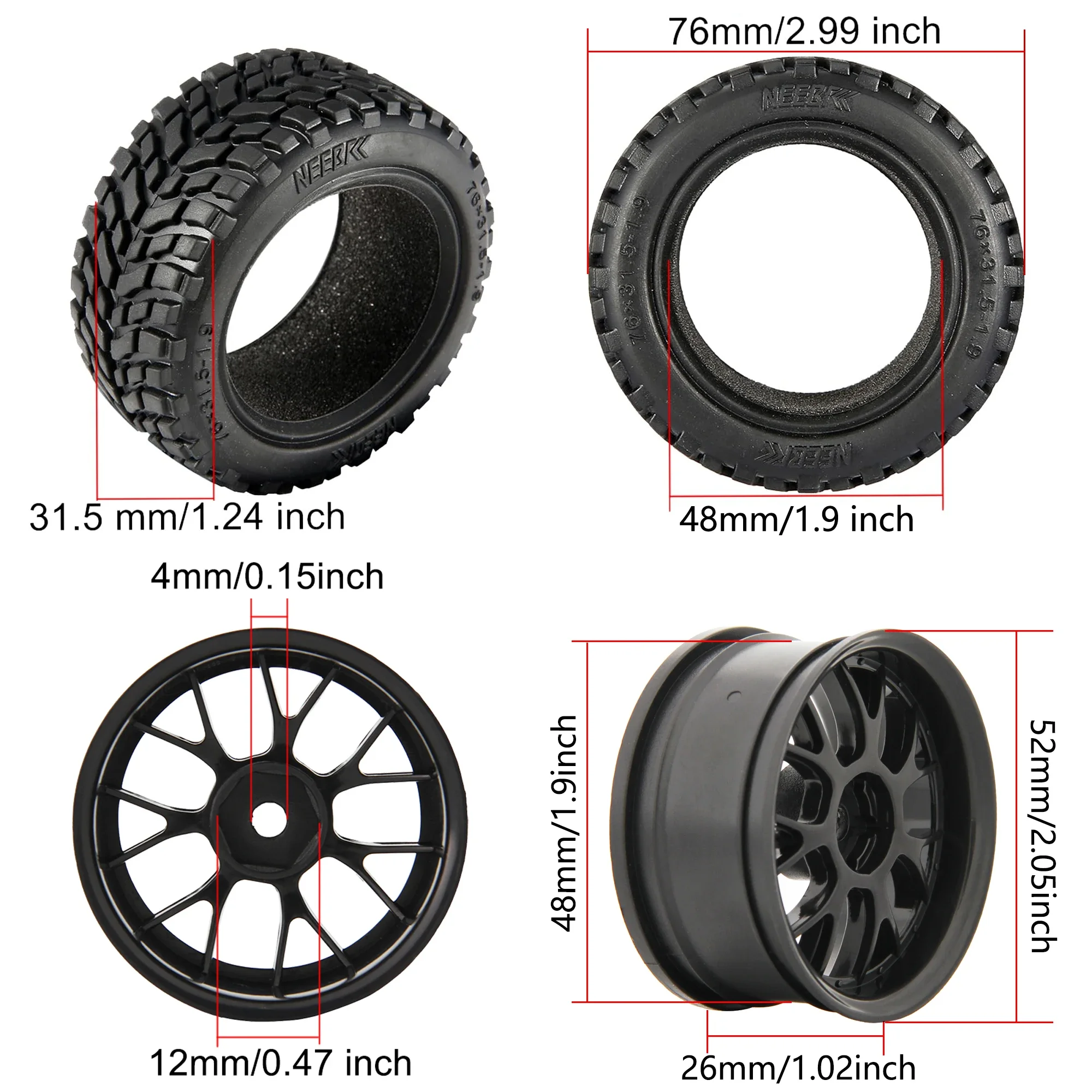 NEEBRC 12mm Hex Hubs 1.9Inch 75mm Off Road Buggy Tires Wheel Rubber for RC 1/14 1/16 1/10 Car Wltoys 144001 Scx10 Traxxas Parts