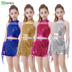 LOlanta Girls Sequin Dance Outfit Crop Sequin Top Metallic Shorts with Tassel Arm Sleeves Recital Costumes 5-13 Years