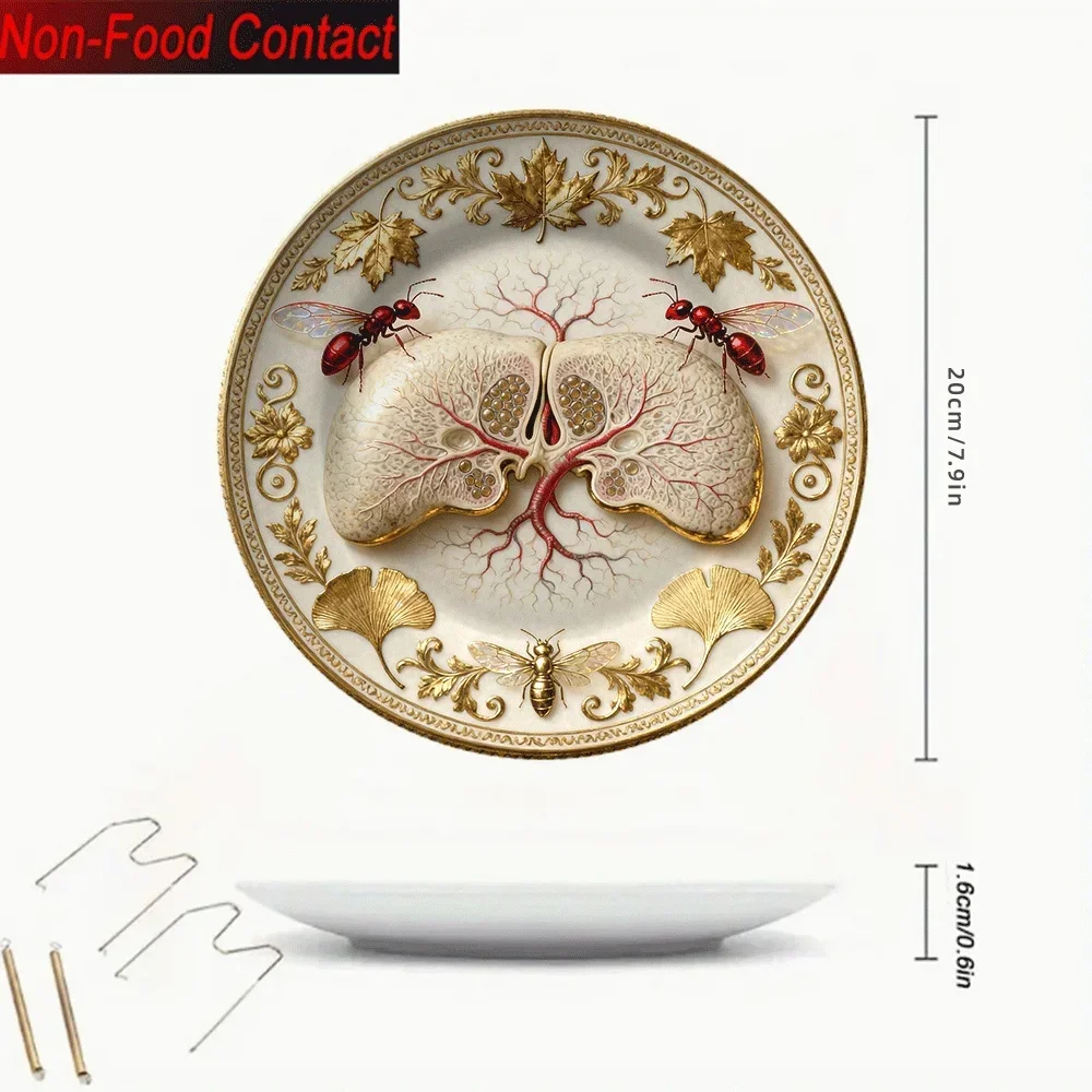 2D Flat, Christmas2D 1pc Ceramic Anatomical Liver Decorative Plate - Non-Food Contact Tabletop Art with Golden Bees & Leaf