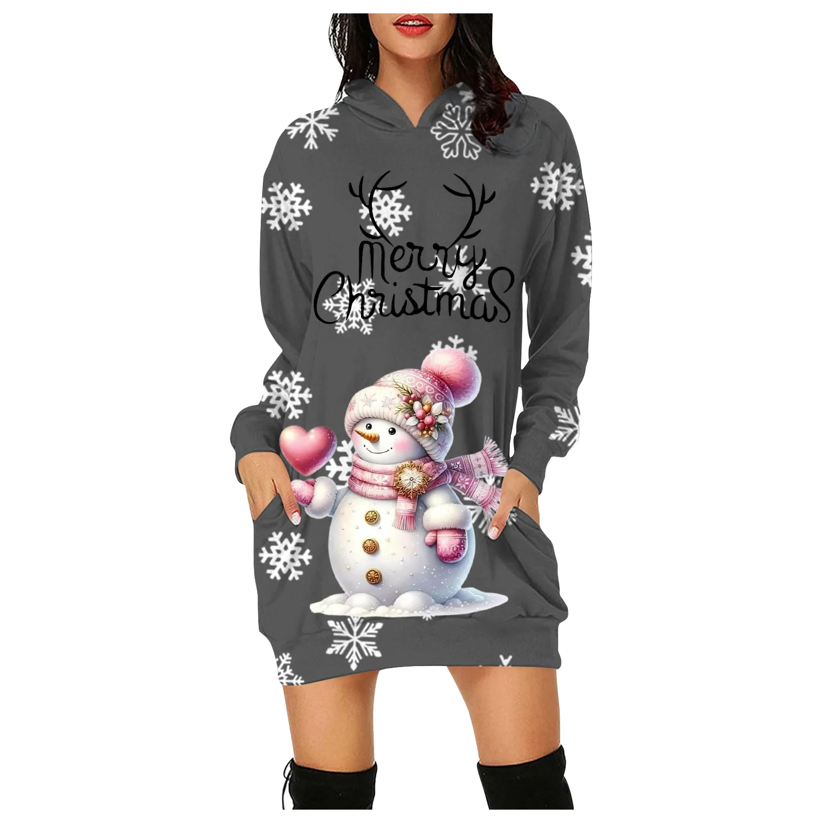 Boneco de neve feminino Natal estampado manga comprida pulôver vestido com capuz, casual solto, vestidos de bolso, moda