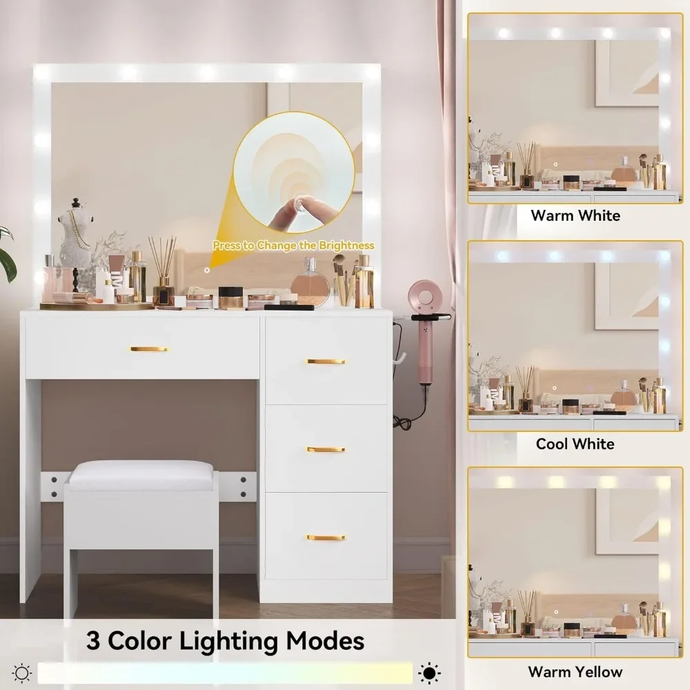 Makeup Vanity Desk Set Pearl-White 3 Color Lighting Modes Make Up Table Makeup Vanity With Large Lighted Mirror Furnitures Light