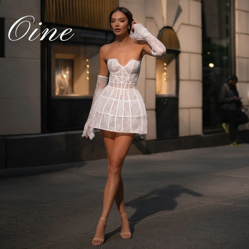 Oine Customized White Delicate lace Mini Wedding Dress Sweetheart Collar Sleeveless vestidos de noche A-linB ridal Gown 2026