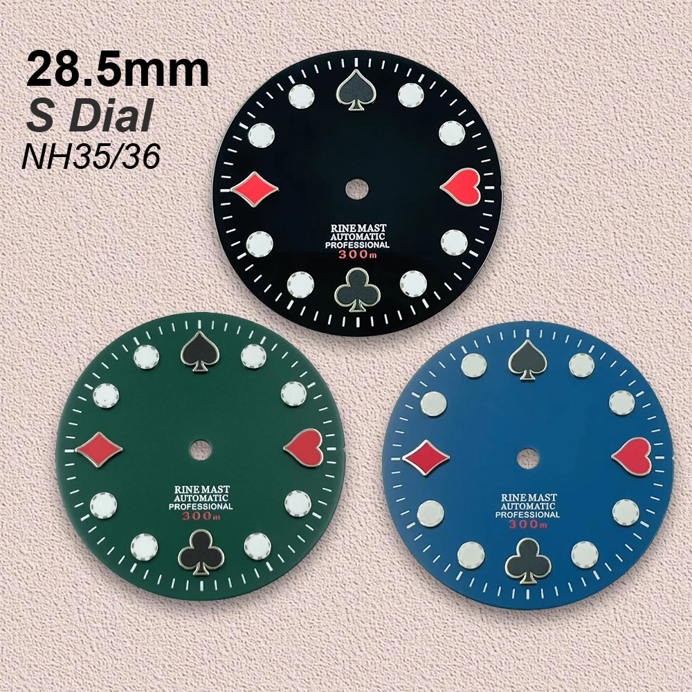 

28,5 мм S логотип покерный циферблат подходит для NH35/NH36/4R/7S японский механизм зеленый светящийся высококачественный циферблат модификация часов аксессуары
