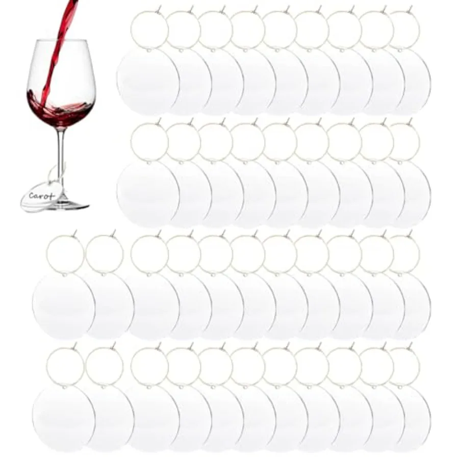 40 Pack Wine Glass Charms with Round Acrylic Name Tags Labels Pendant Blank Wine Glasses Markers Identifiers for Stem Wine Glas