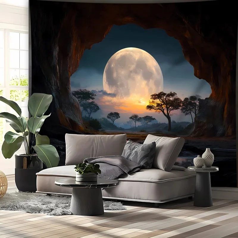 VIKAMA Giant Full Moon Cave Wall Tapestry Savannah Tree Sunset Scenery Pattern Large Fabric Wall Blanket for Indoor Room Decor