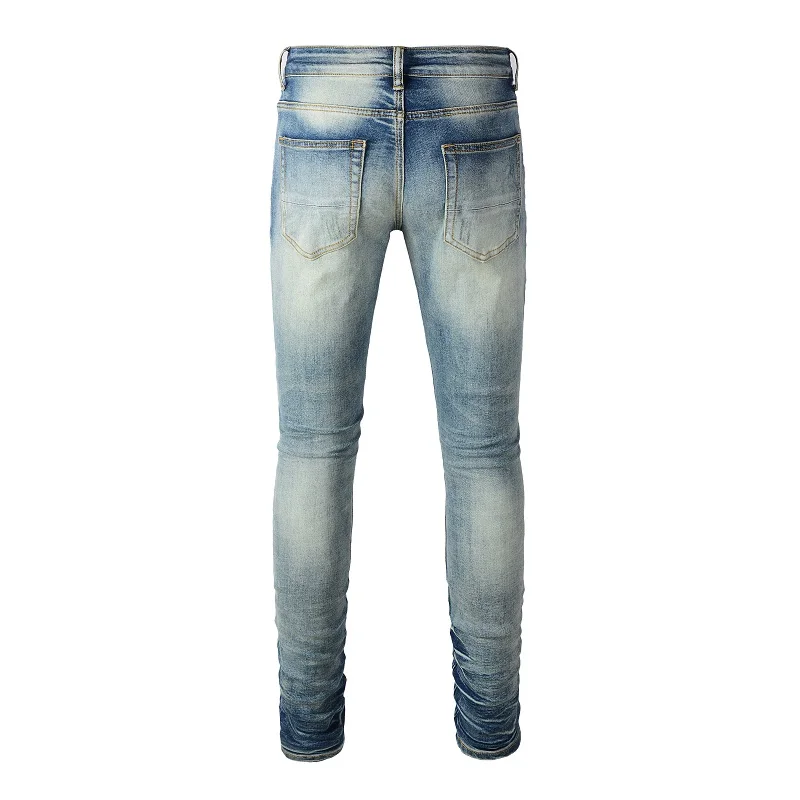 Men's Distressed High Streetwear Stretch Skinny White Tie Dye Ribs Patches Holes Repaired Blue Ripped Jeans Men