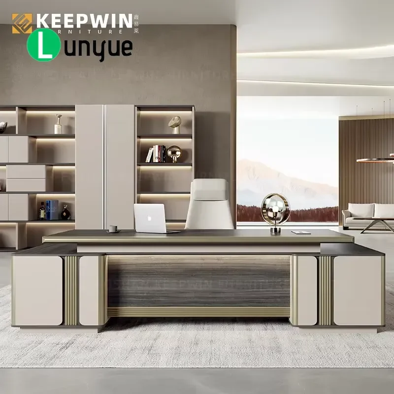 Modern Off White Desk with Side Table Storage Executive Office Furniture for CEO Boss Manager Workspace Home Study