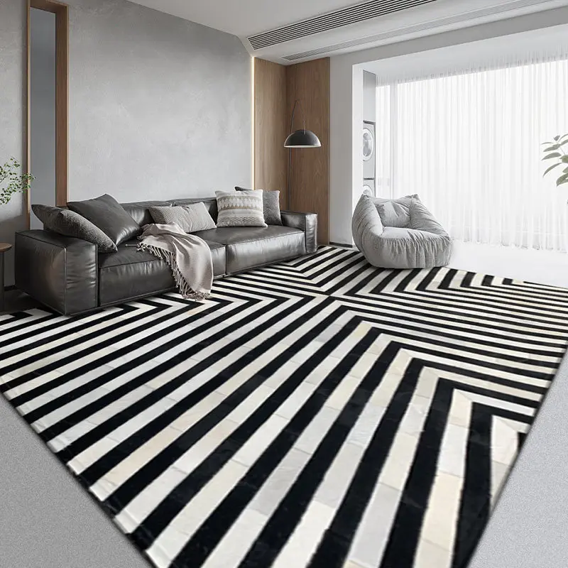 Modern Black White Stripe Real Cowhide Carpet Living Room Luxury Patchwork Sofa Coffee Table Floor Area Rug Bedroom Bedside