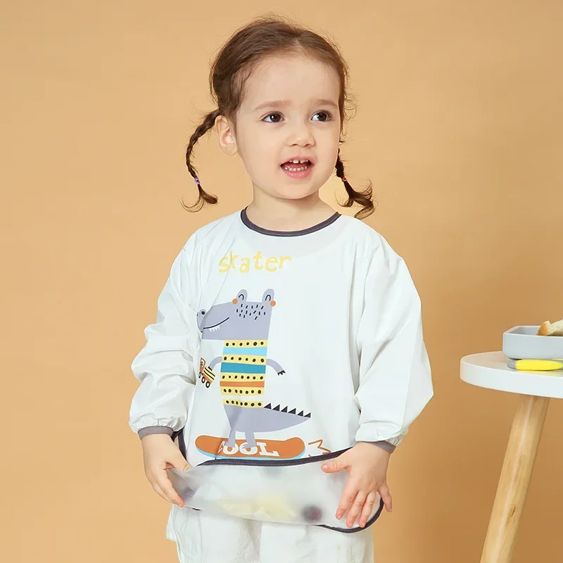 Babete impermeável macio do bebê com mangas compridas, blusa de pintura, pano de alimentação ajustável, avental de refeição infantil, menino e menina