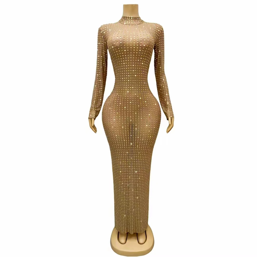 

Sexy Crystals Rhinestones Mesh Dress Wedding Party Prom Transparent Long Dress Women Singer Bar Concert Model Catwalk Costume