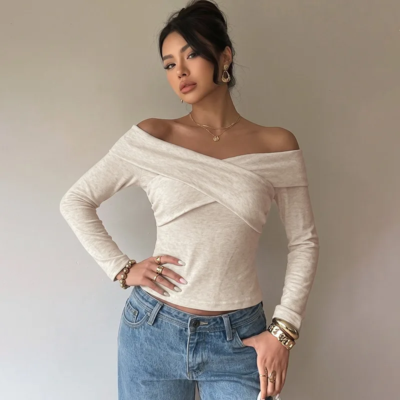 Women's Off Shoulder Long Sleeve Top Cross Wrap Design Slim Fit Knit Blouse Elegant Versatile Trendy Commute Office Cropped Tops