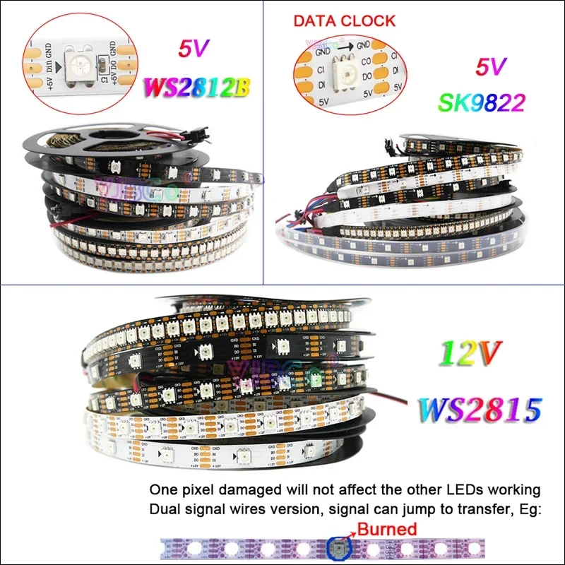 

5V 12V addressable LED Strip 30/60/144 leds/m WS2812B WS2815 SK9822 WS2812 IC pixels 5050 RGB Light Tape IP30/65/67 Magic Bar