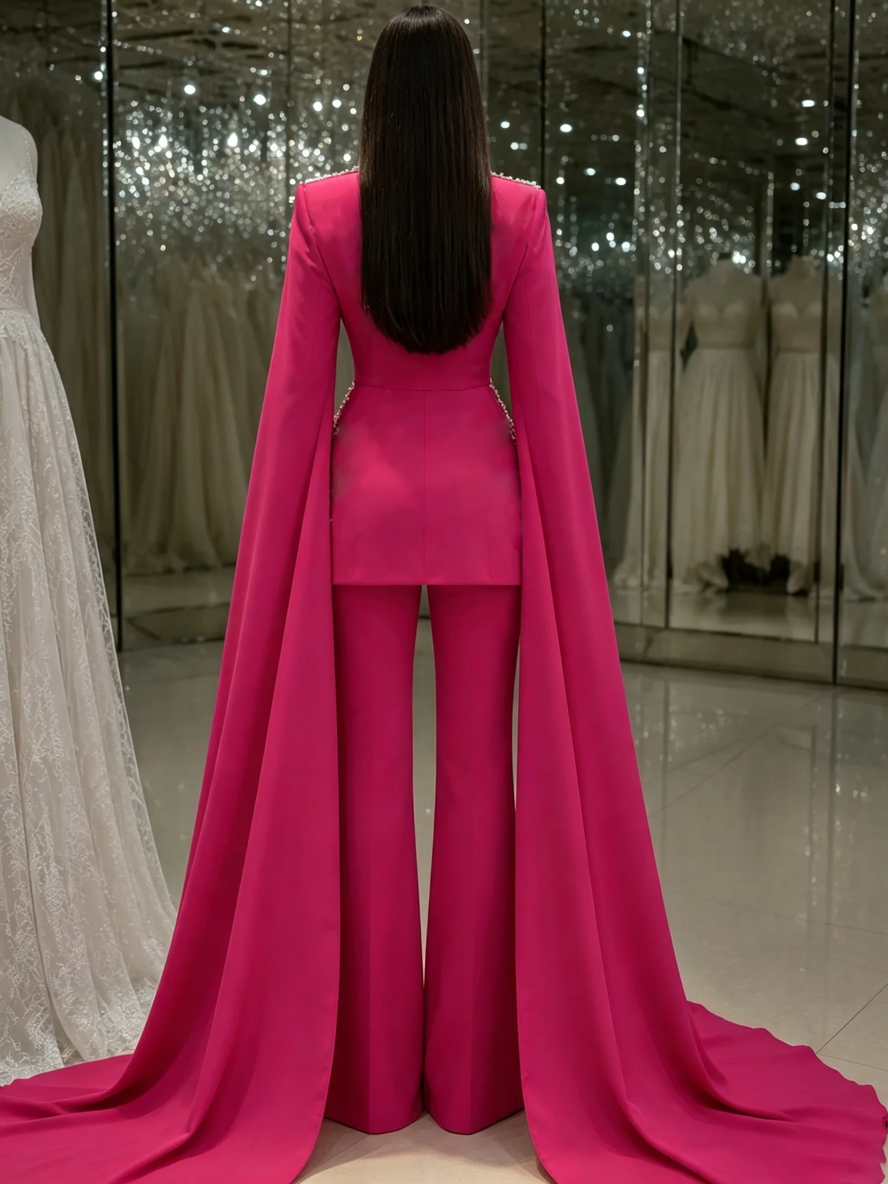 Elegant Women's Evening Dresses Beads Suit Gown Super Long Sleeves Jacket Pants For Female Satin 2 Pieces Suit Customized