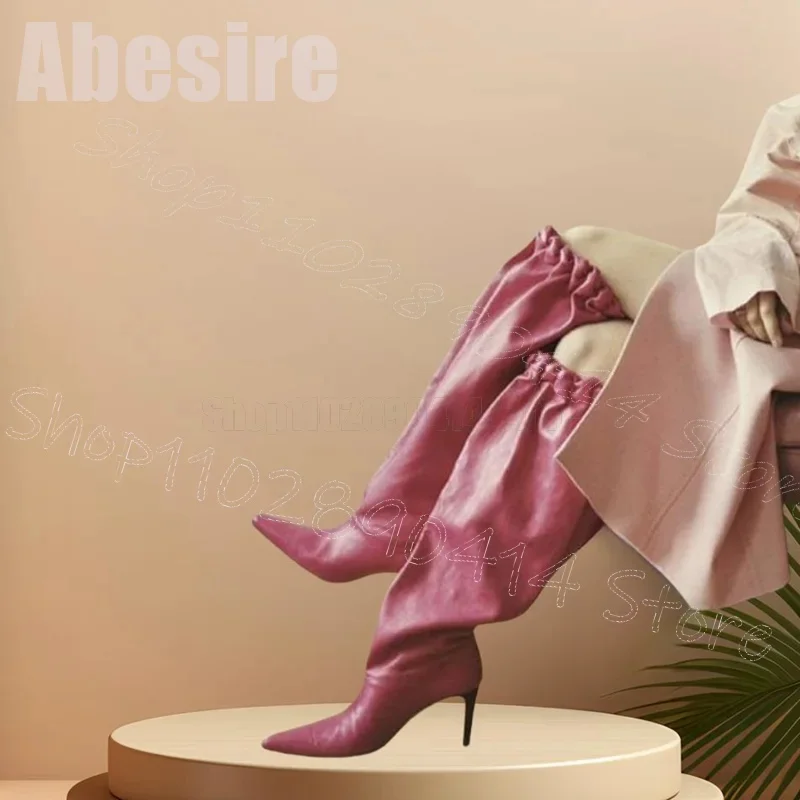 

Rose Red Pleated Design Large Cuff Boots Elastic Band Women Shoes Thin High Heels Pointed Toe New Party 2025 Zapatos Para Mujere