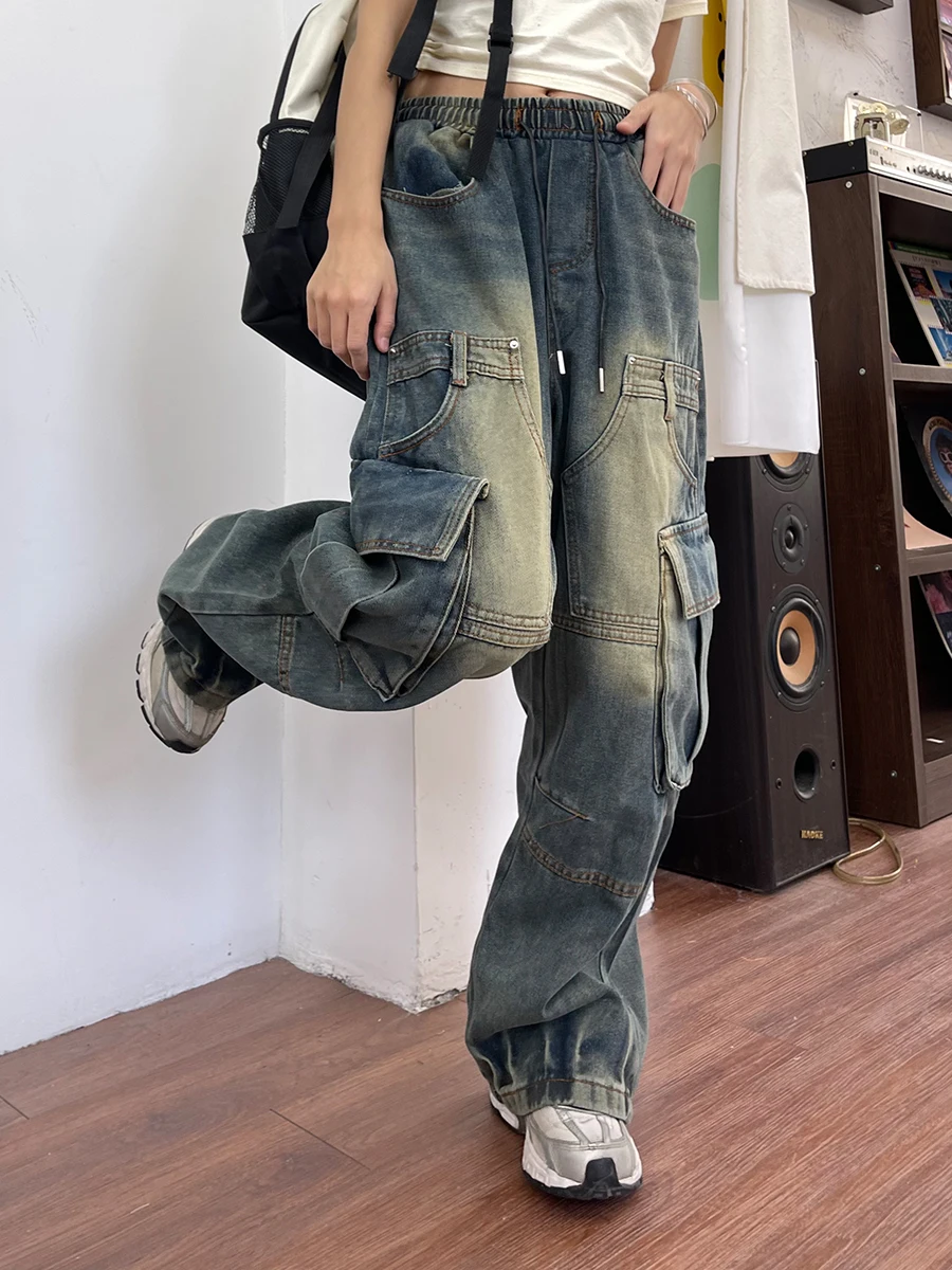 

Multi-pocket Tooling Jeans Women's 2024 Spring New Loose Bf Street Retro High Waist Wide Legs