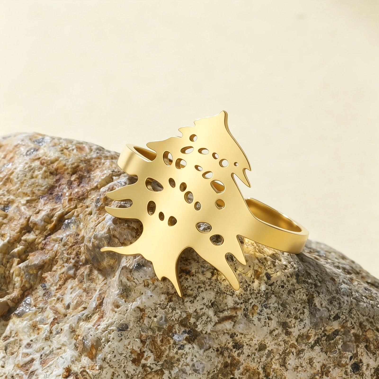 Lebanon Cedar Tree Open Adjustable Ring Stainless Steel Cedar Leaf Finger Ring Lebanon Cultural Symbol Waterproof Unisex Jewelry