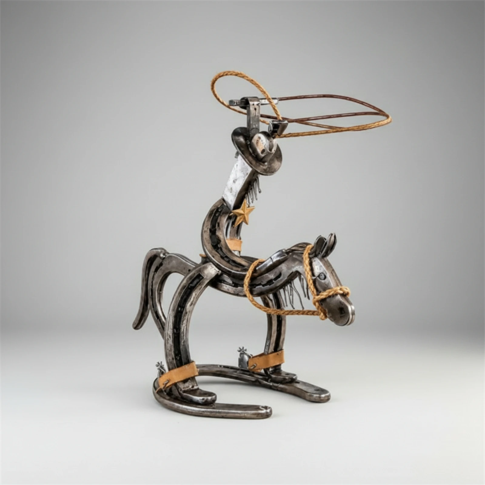 Metal Horse with Lasso Rustic Horse Ornament Decor Hand Finished Long-Lasting for Collectors, Shelf, Desk