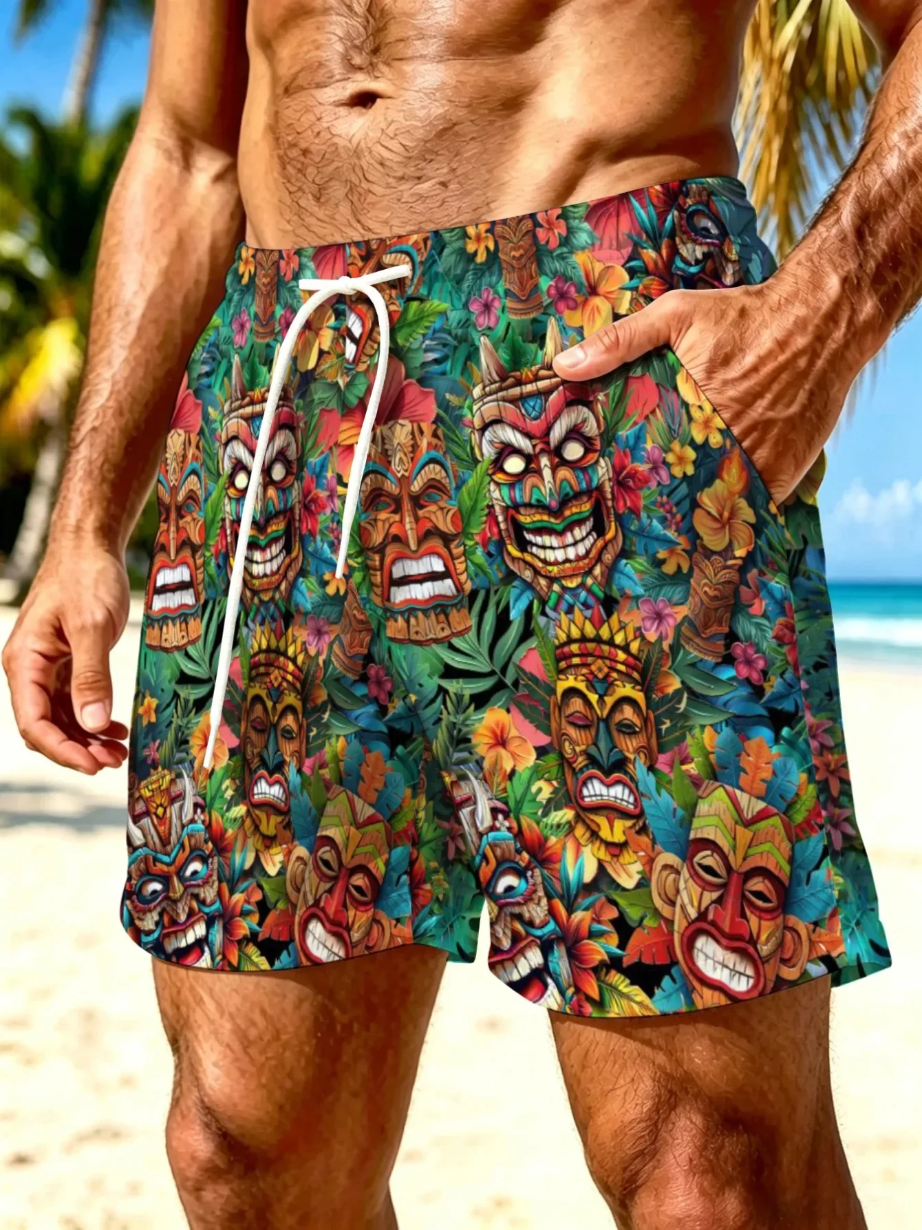 Vibrant Hawaii Tiki Totem Floral Jungle Full Print Men Quick Dry Swim Trunks Summer Beach Vacation Casual Board Shorts