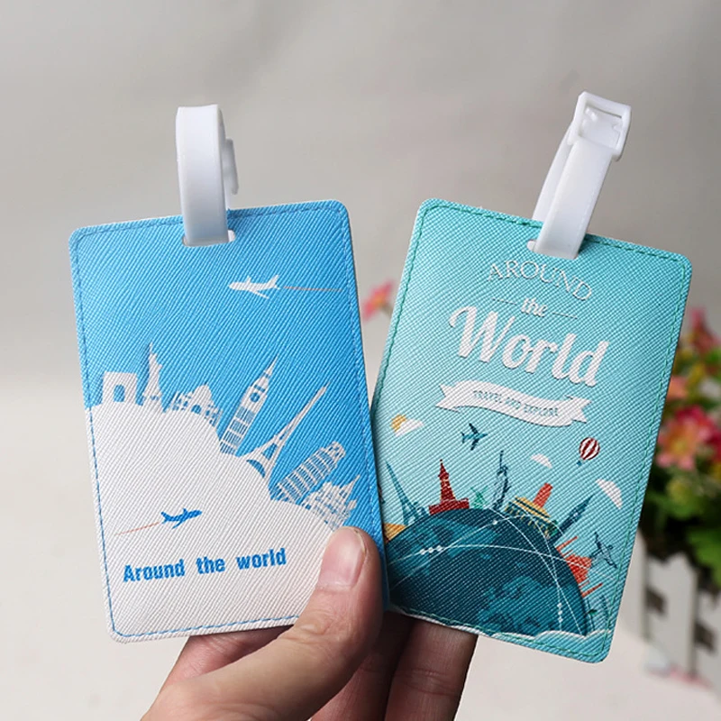 New Luggage Tag Travel Around the World Luggage Label Women Men PU Leather Name Address Baggage Boarding Tag Trolley Box Label