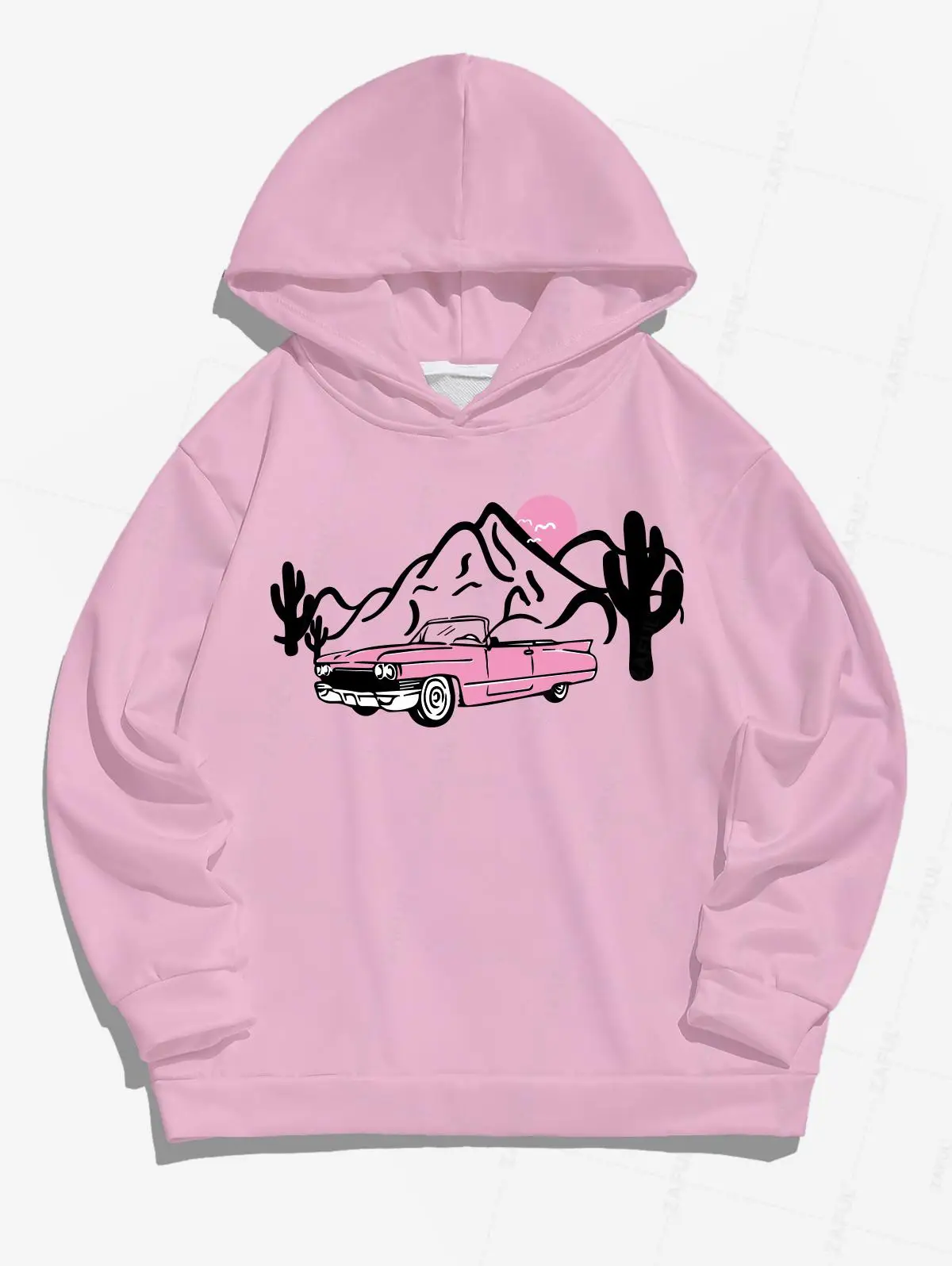 

ZAFUL Women's Casual Mountain Cactus Sun Car Pattern Printed Drop Shoulder Long Sleeves Pullover Hoodie