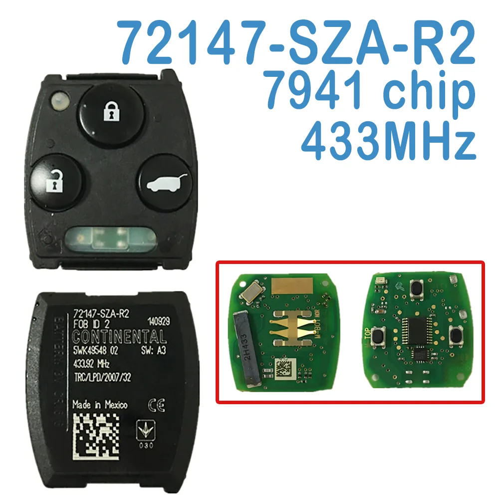 

2 Pcs/lot 72147-SZA-R2 Original Auto Smart Remote Interior 3B 433MHz PCF7941A Chip Replace Car Key Fob For Honda Pilot 2009-2016