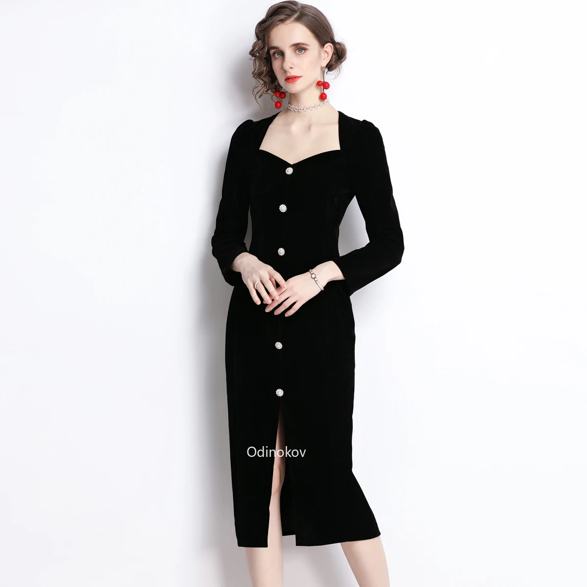 Autumn Winter Party Dress Elegant Commuting Office Lady Black Velvet Button Slim Slit Women Clothing  2026