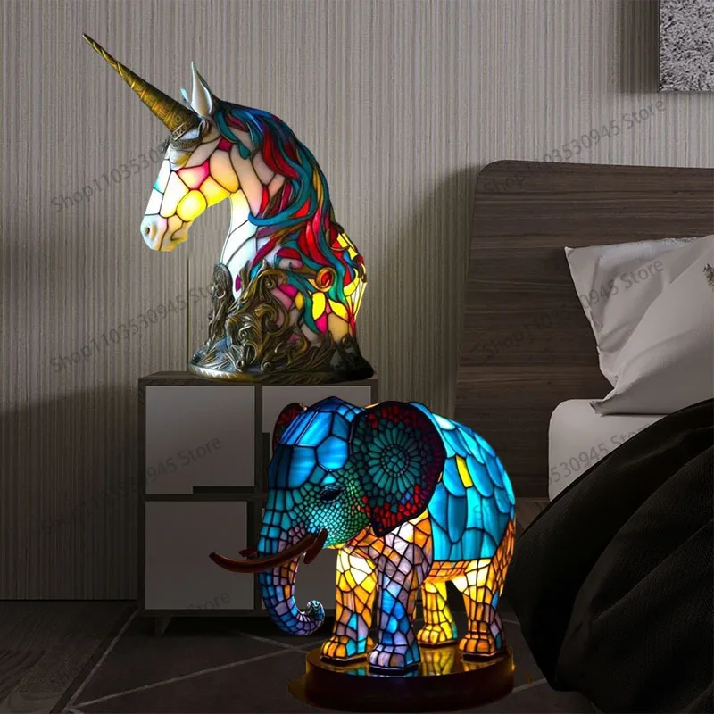 

New Vintage Animal Series Desk Lamp Stained Resin Night Light Colorful Cat Elephant Owl Horse Bedside Lamp Home Decoration Gift