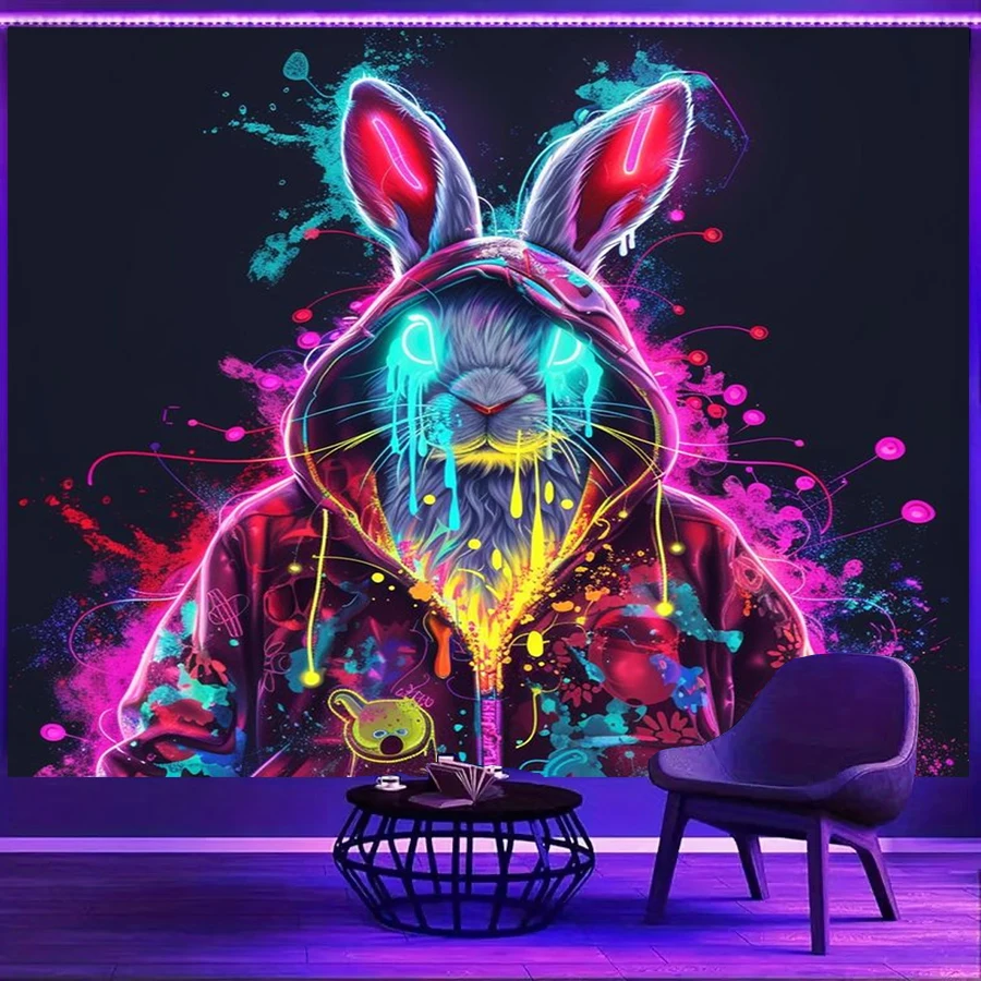 1PC Neon Rabbit Hoodie Art Print Backdrop Banner, Bedroom Living Room Photo Background, Polyester, Home Decor, Wall Art