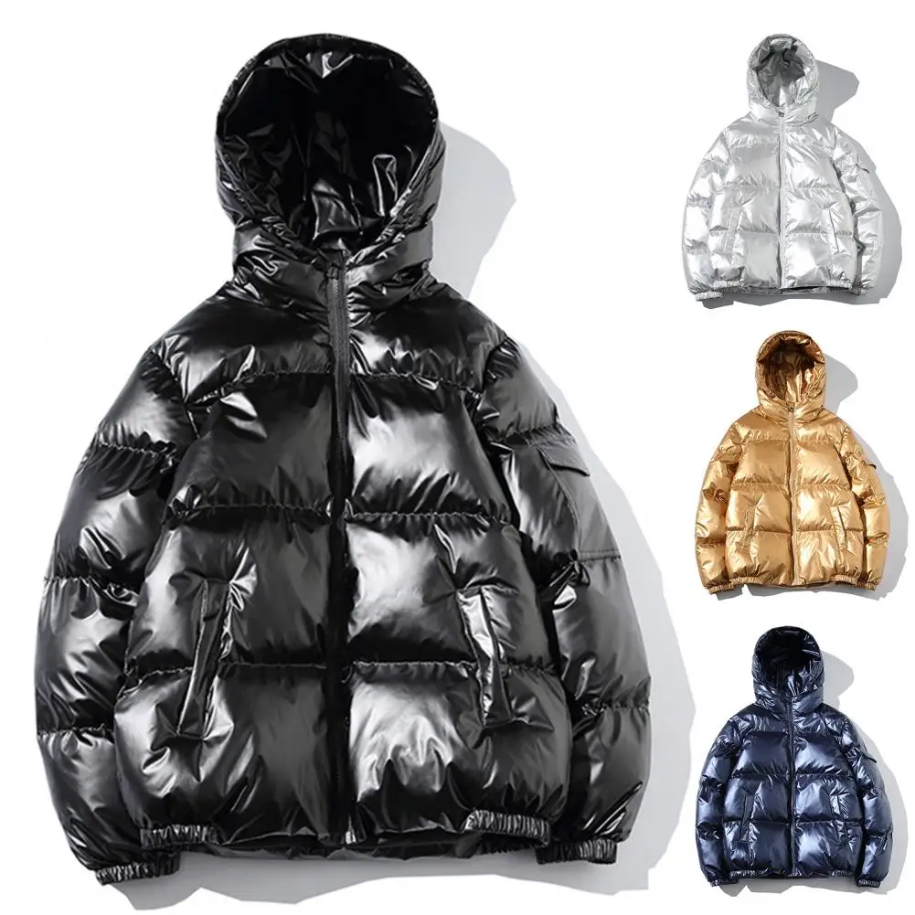 Homens parkas inverno casual jaqueta casaco brilhante superfície sólida com capuz de algodão acolchoado à prova de vento hoodies