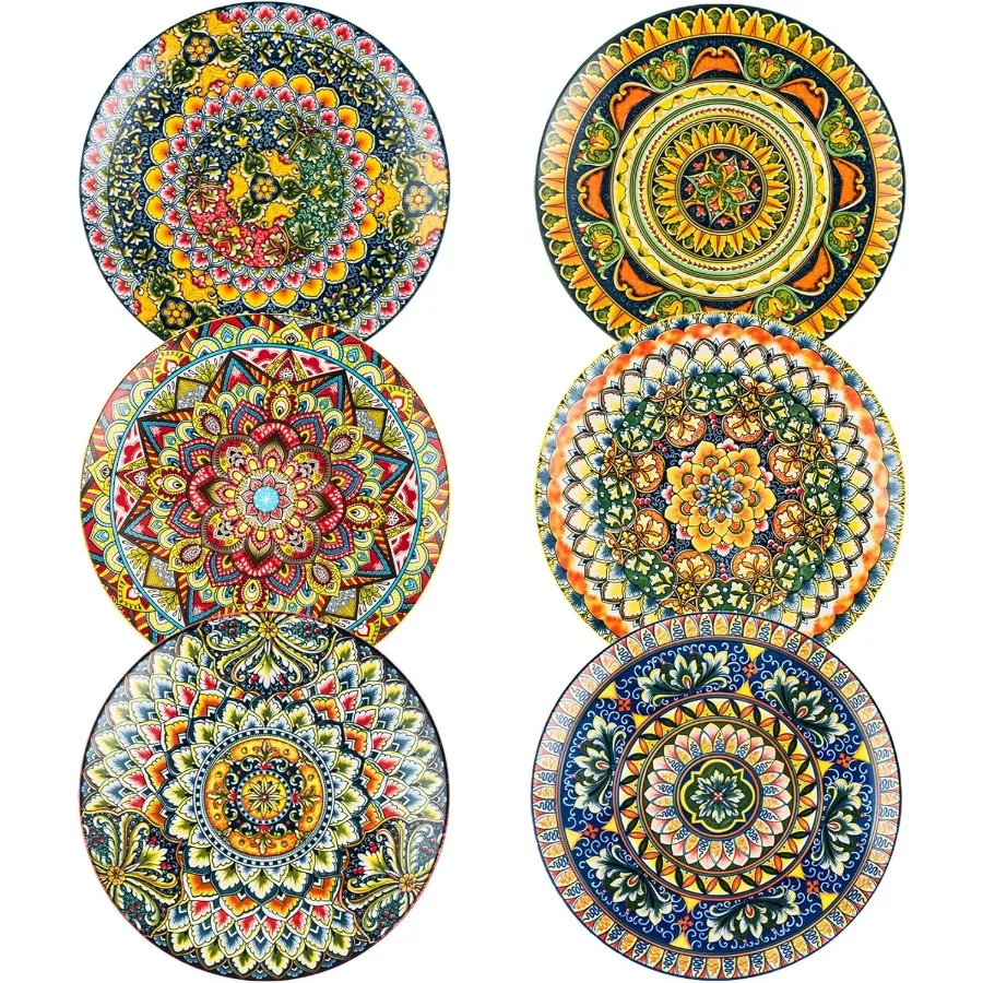 

Ceramic Dessert Plates Set of 6 8.5 Inch Porcelain Salad Plates with Colorful Bohemian Style Design Ideal for Serving Cake Snac