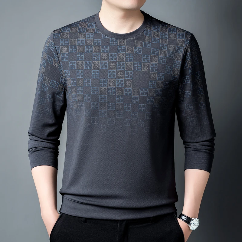 Men's Clothing Long Sleeve Round Neck Spring Autumn Printing Contrast Color Pullover Geometric T-shirt Casual Preppy Style Tops