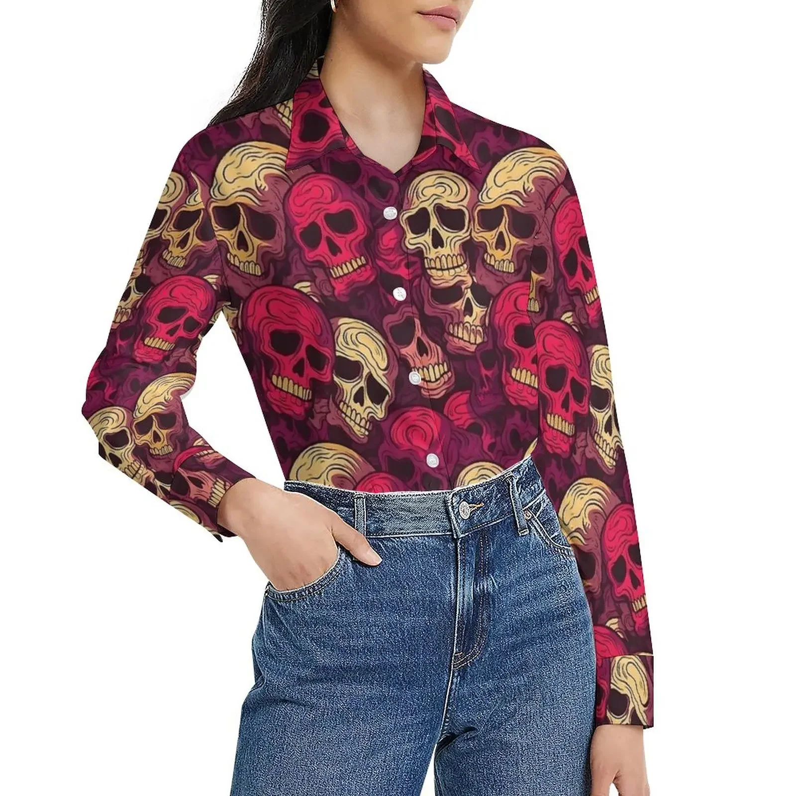 Halloween Party Blouse Long Sleeve Skulls Retro Tops Womens  Autumn street Fashion Shirts Pumpkin Pattern Shirts