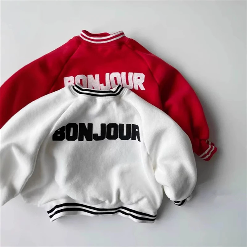 

2025 Winter New Boys Girls Warm Sweatshirt Children Long Sleeve Fleece Tops Fashion Letter Print Pullover For Kids Baby Clothes