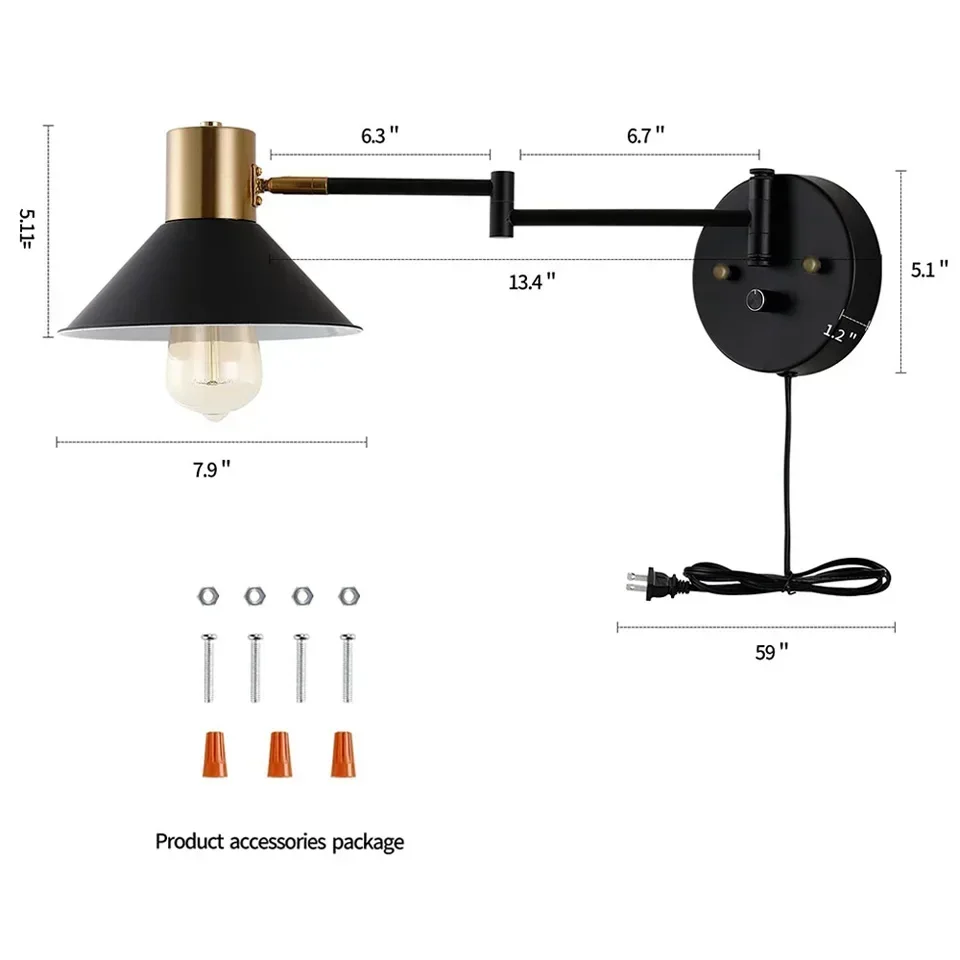 Aisilan Replaceable Bulb Wall Lamp Dimmable Plug-in Metal Adjustable Angle Wall Sconce With Switch for Bedside Hotel Study