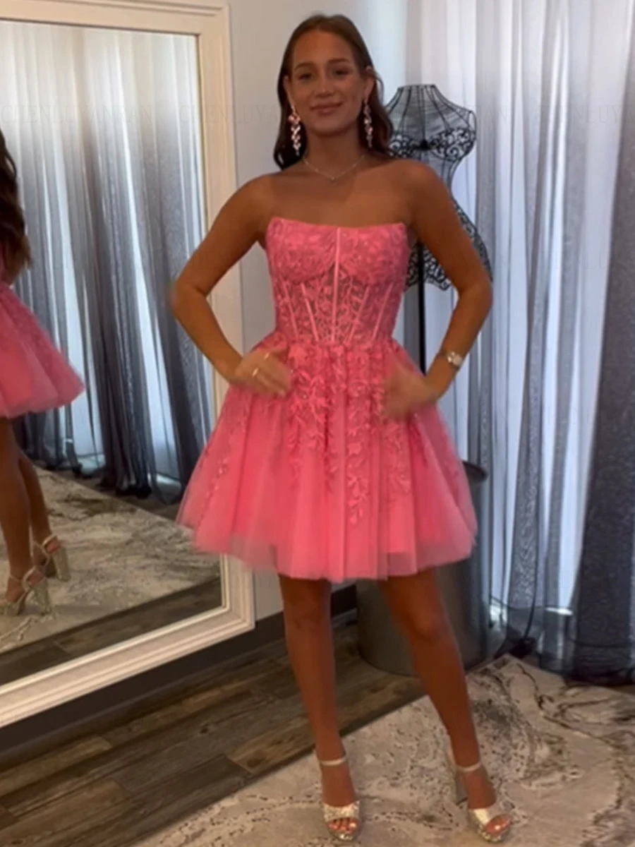Elegant Homecoming Dresses For Student Strapless Applique Mini Length Party Cocktail Dress for Girls A-Line Simple Party Dress