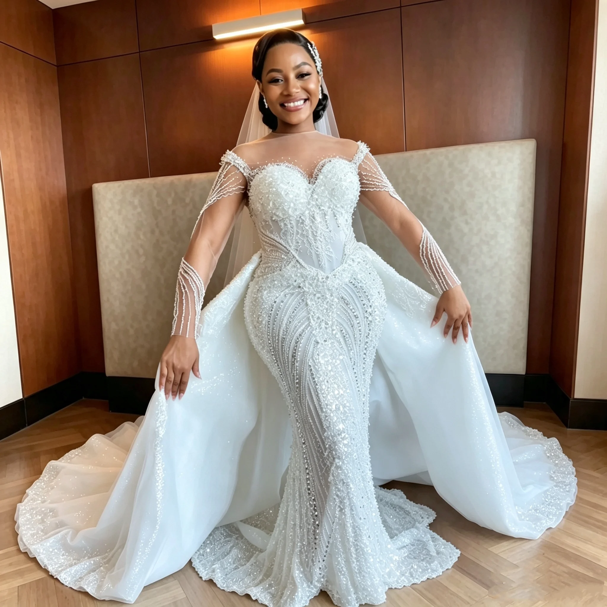Maßgeschneidertes Phantom-Meerjungfrauenkleid mit langen Ärmeln, funkelndem Perlenbesatz, Spitzenballkleid, abnehmbarer Schleppe, Plus-Size-Afrikanisches Brautkleid